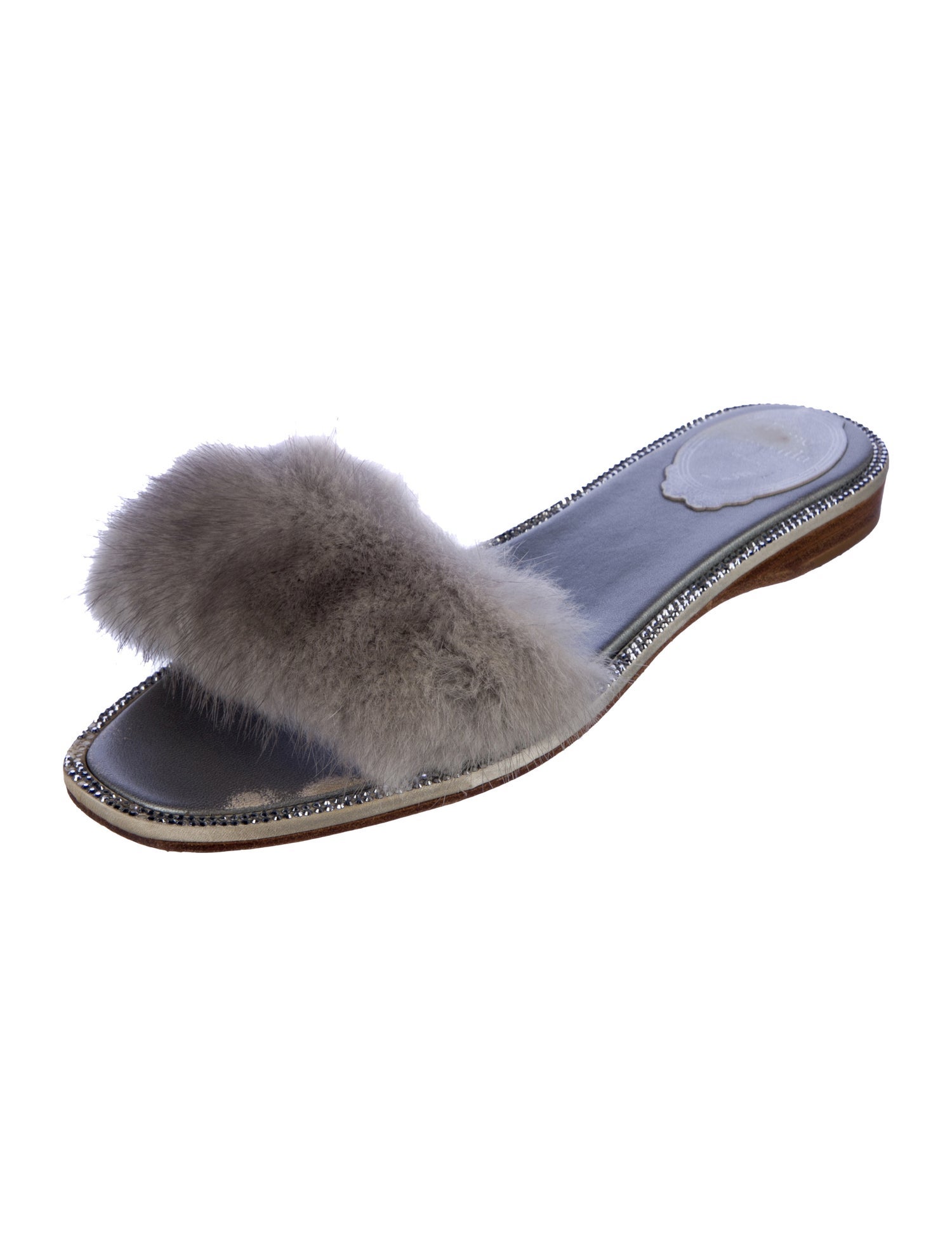 René Caovilla Fur Crystal Embellishments Slides