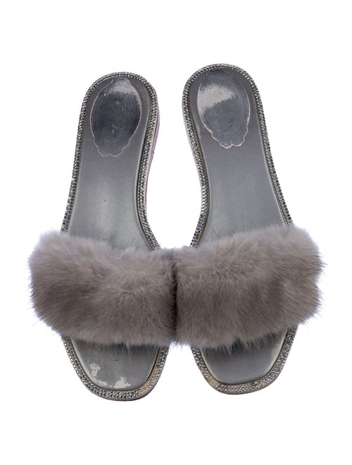 René Caovilla Fur Crystal Embellishments Slides