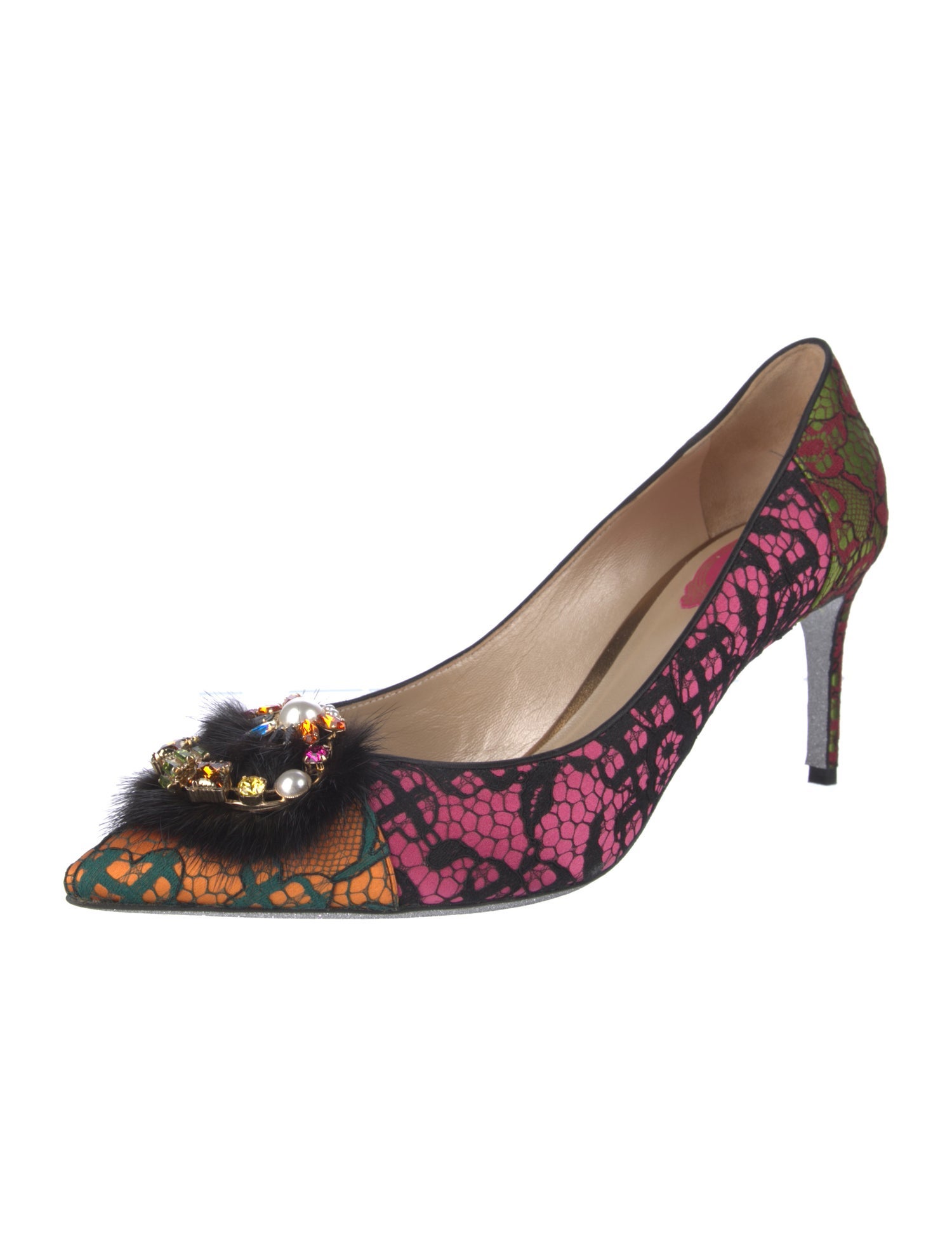 René Caovilla Lace Floral Print Pumps