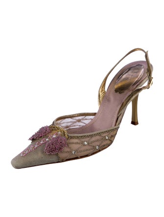 René Caovilla Leather Lace Pattern Slingback Pumps