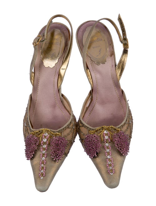 René Caovilla Leather Lace Pattern Slingback Pumps