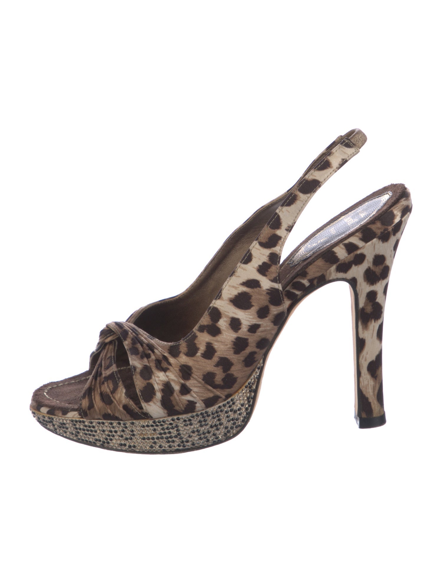 René Caovilla Satin Animal Print Slingback Sandals