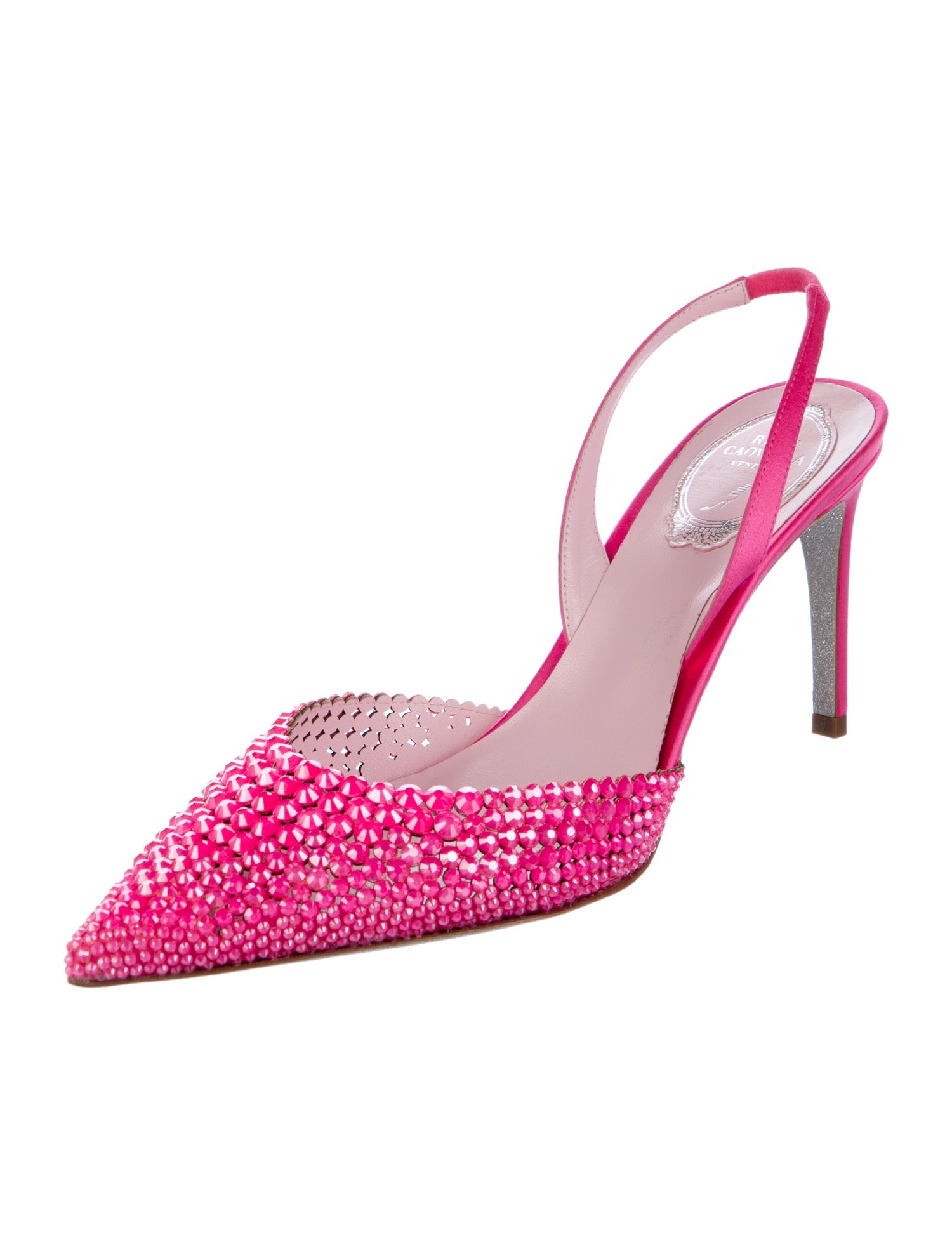 René Caovilla Satin Crystal Embellishments Slingback Pumps