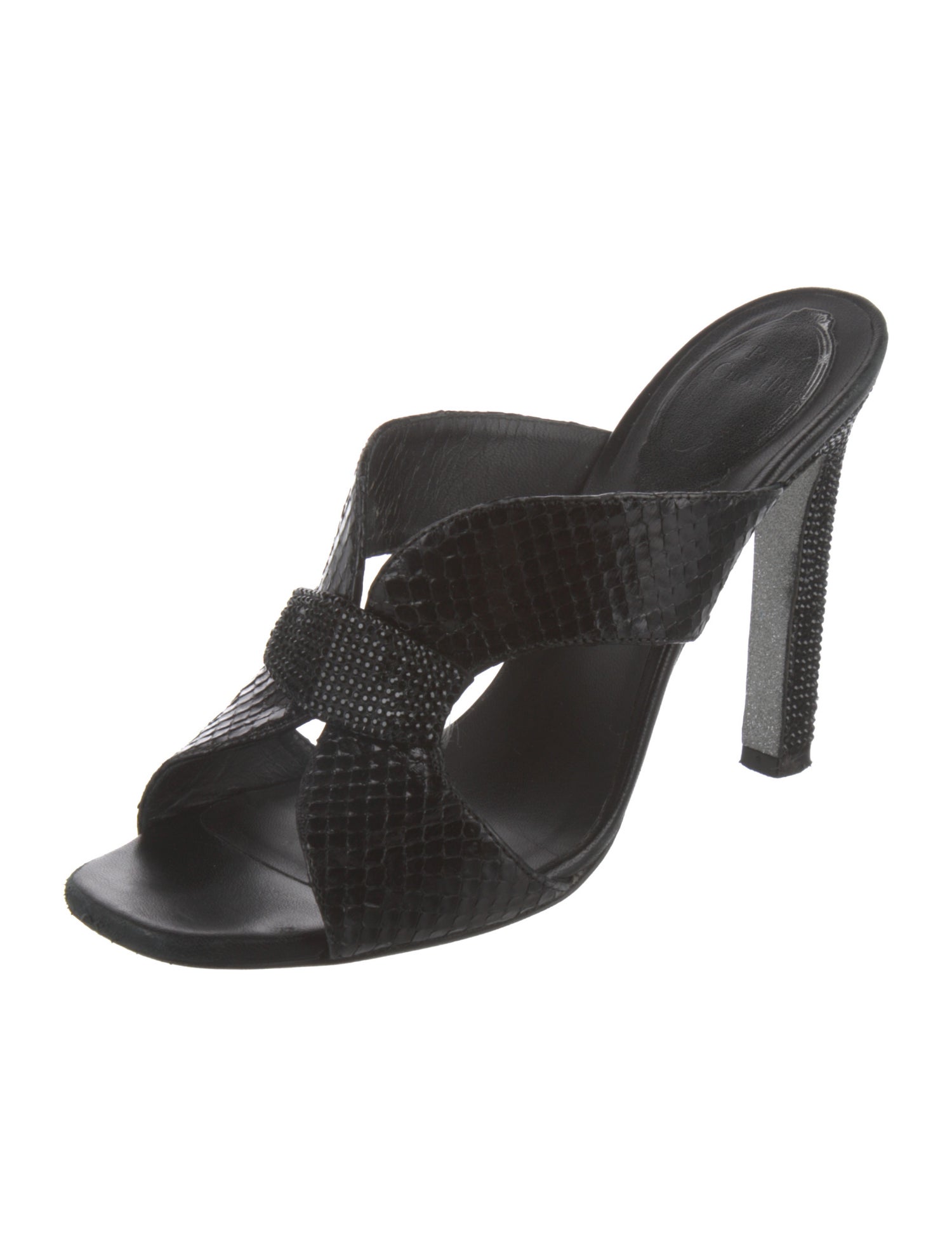 René Caovilla Snakeskin Crystal Embellishments Slides