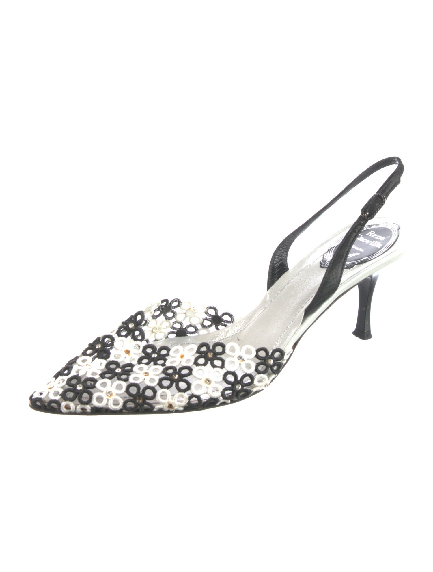 René Caovilla Flora Print Lace Slingback Pumps