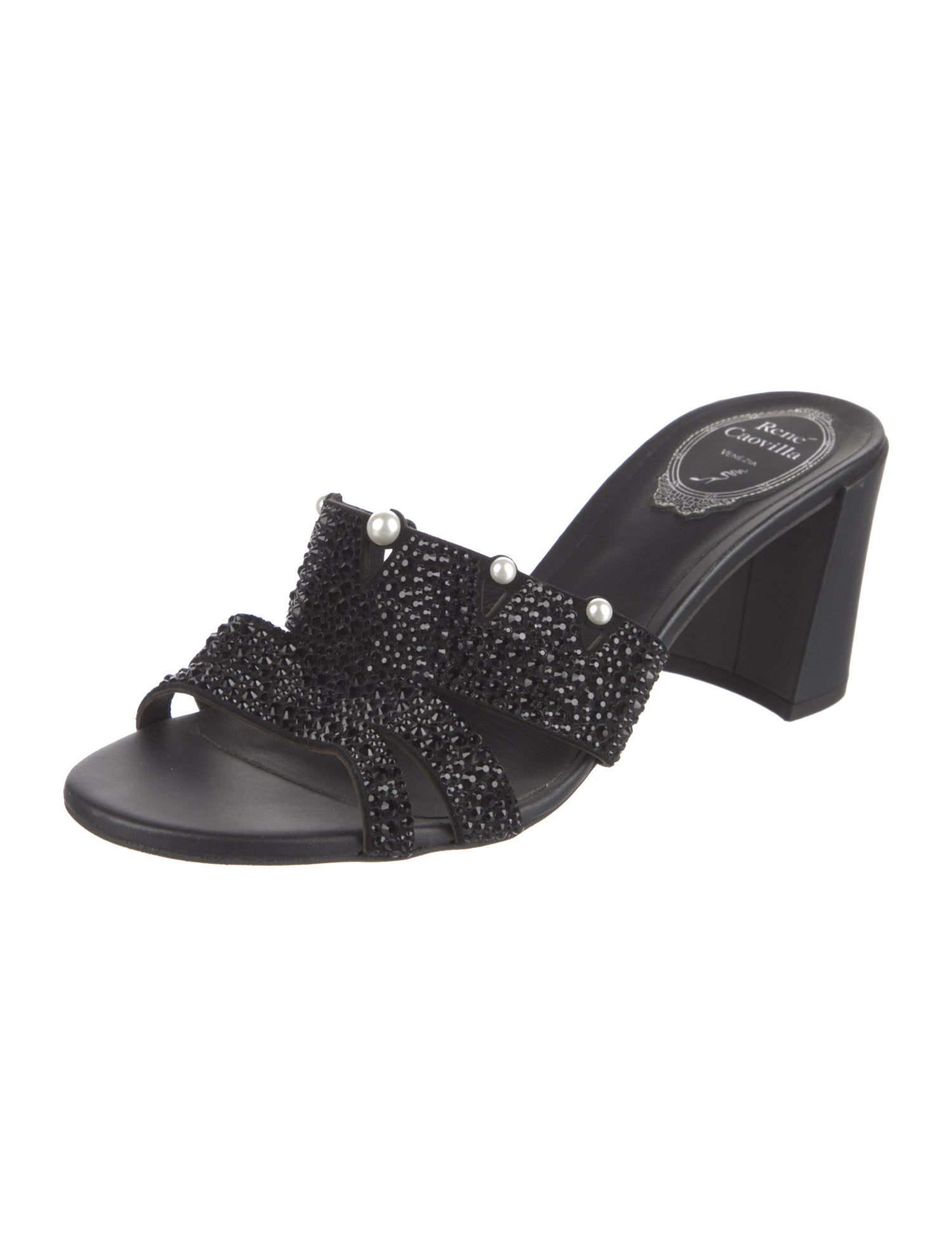 René Caovilla Leather Crystal Embellishments Slides