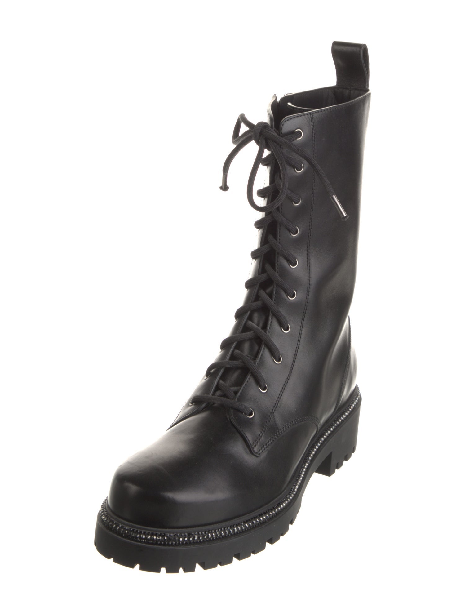 René Caovilla Faux Pearl Accents Leather Combat Boots