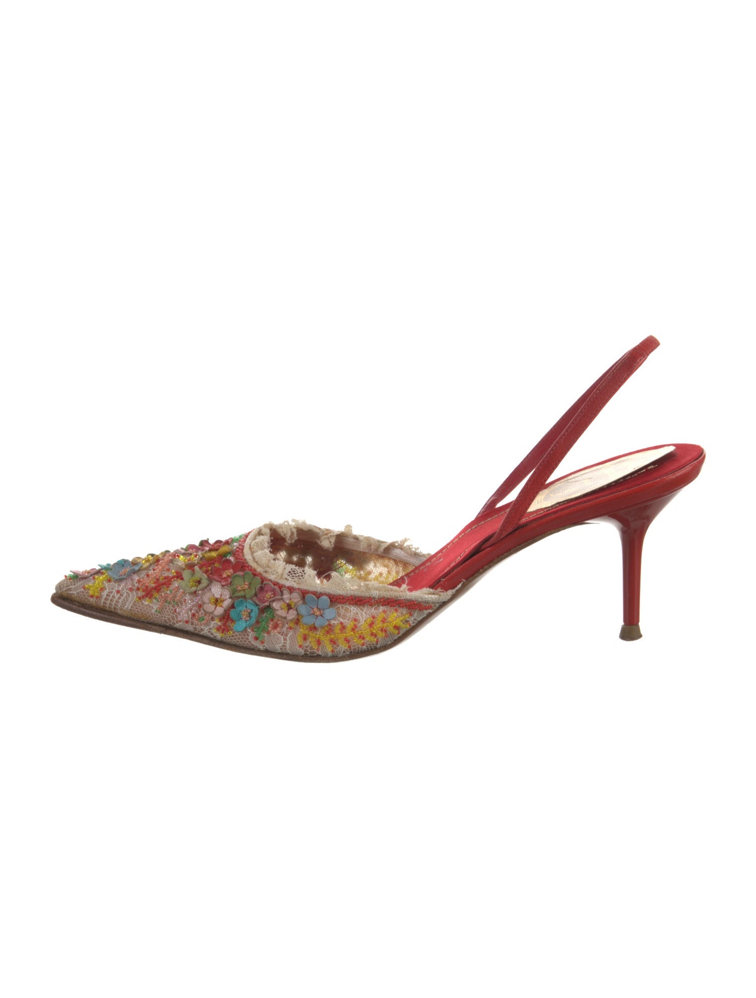 René Caovilla Lace Floral Print Slingback Pumps