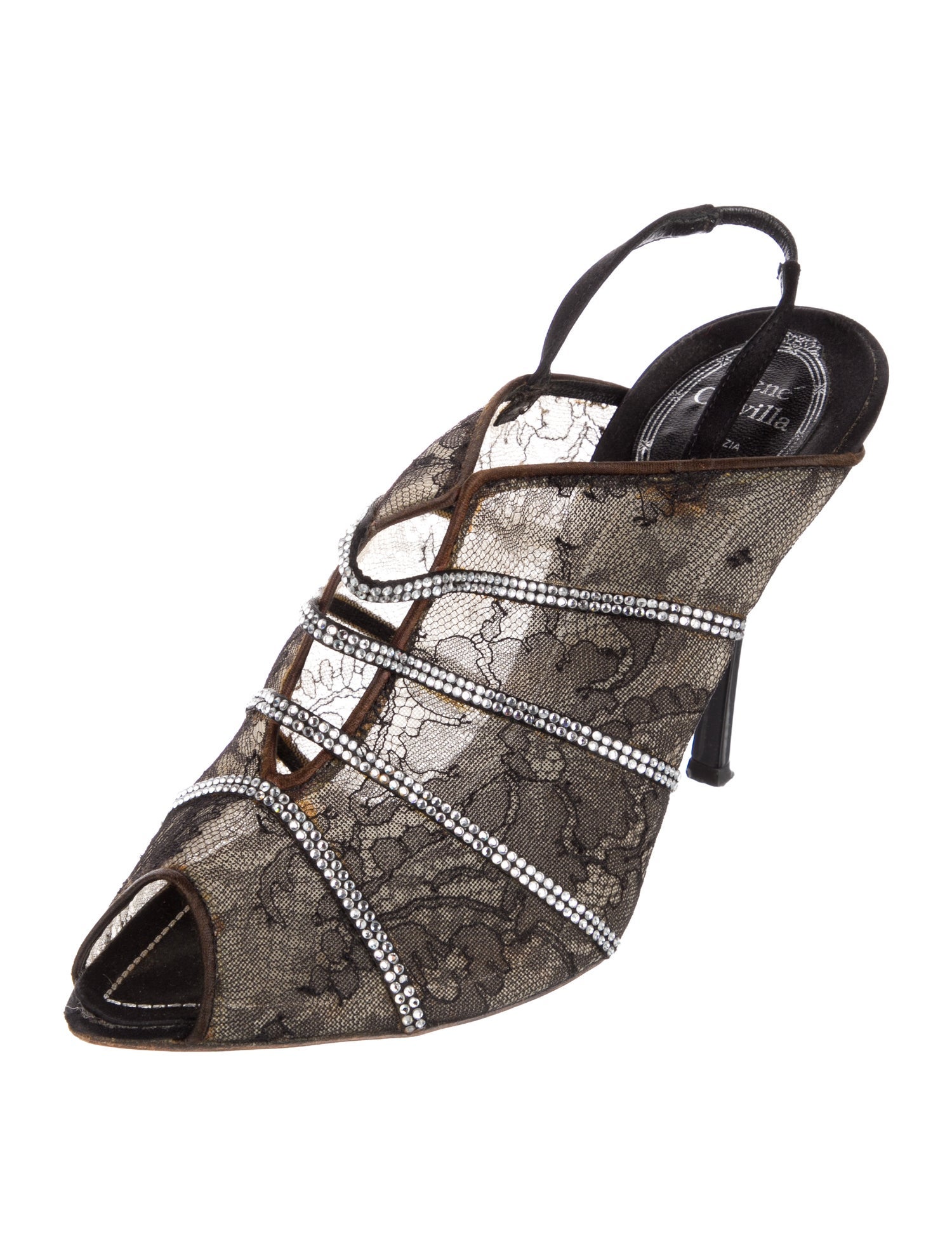 René Caovilla Lace Crystal Embellishments T-Strap Pumps