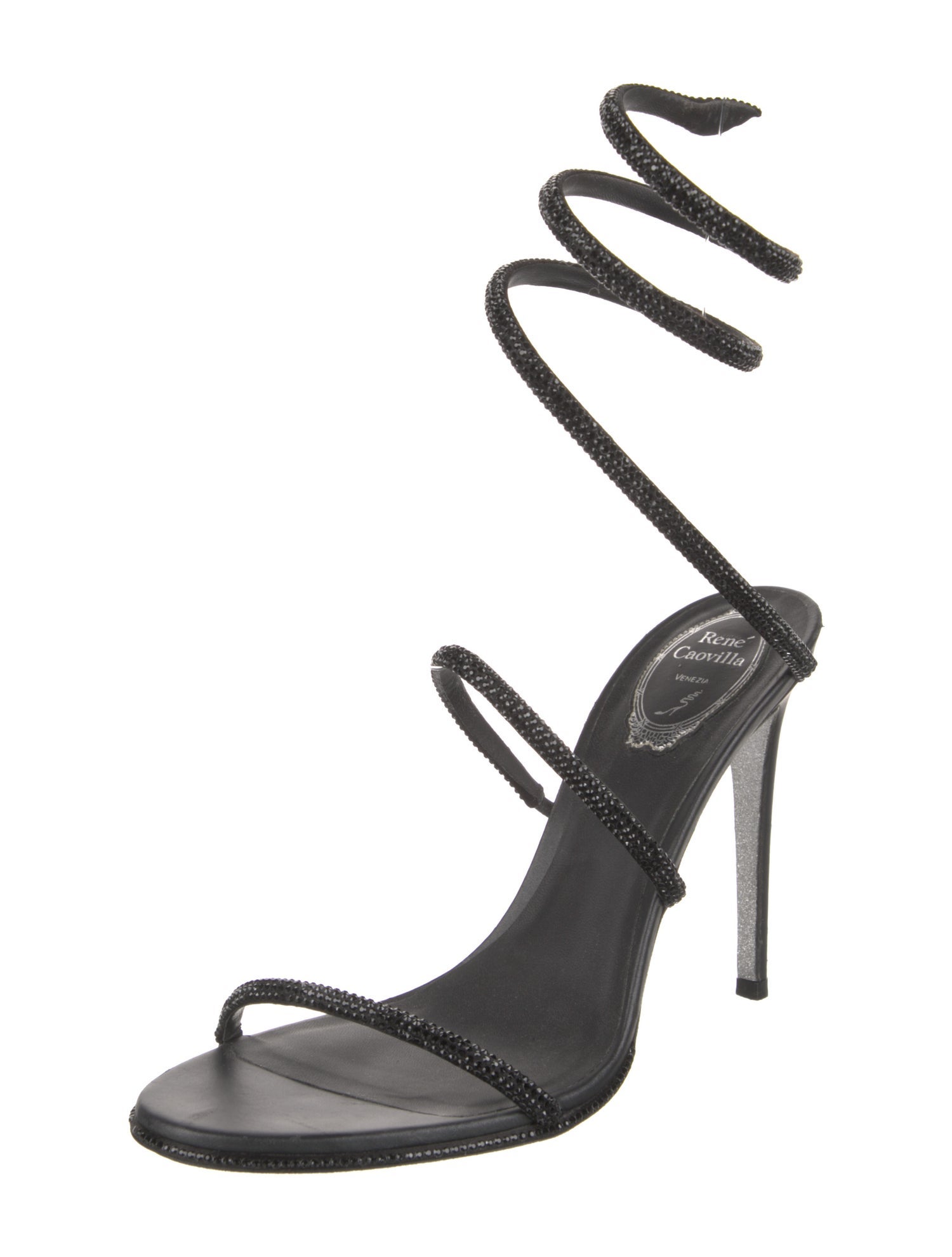 René Caovilla Leather Crystal Embellishments Slingback Sandals