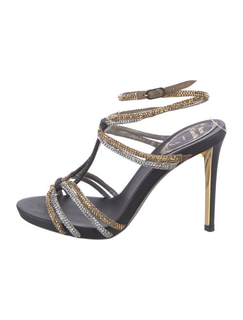 René Caovilla Leather Colorblock Pattern T-Strap Sandals