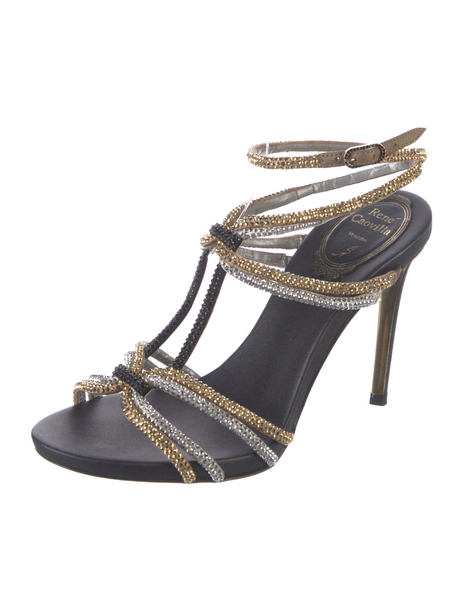 René Caovilla Leather Colorblock Pattern T-Strap Sandals