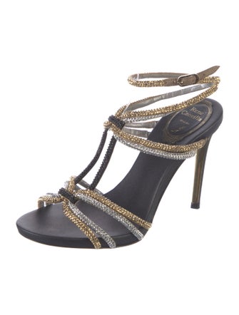 René Caovilla Leather Colorblock Pattern T-Strap Sandals