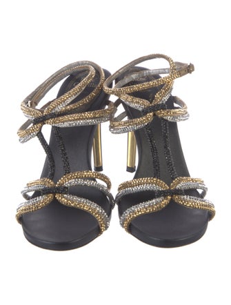 René Caovilla Leather Colorblock Pattern T-Strap Sandals