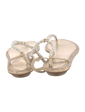 René Caovilla Leather Crystal Embellishments Flip Flops