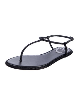 René Caovilla Leather Crystal Embellishments T-Strap Sandals