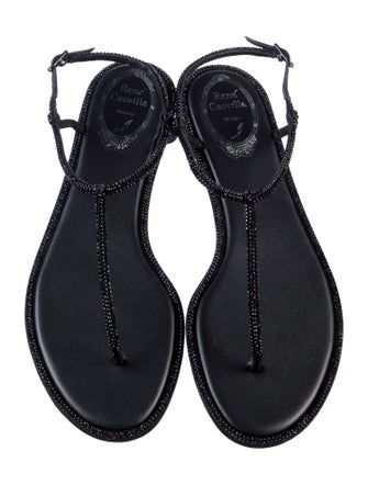 René Caovilla Leather Crystal Embellishments T-Strap Sandals