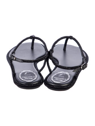 René Caovilla Leather Crystal Embellishments T-Strap Sandals