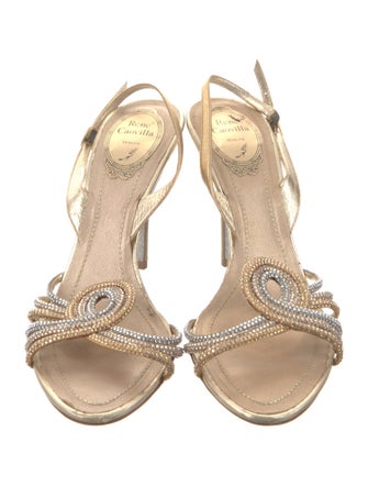 René Caovilla Leather Crystal Embellishments Slingback Sandals