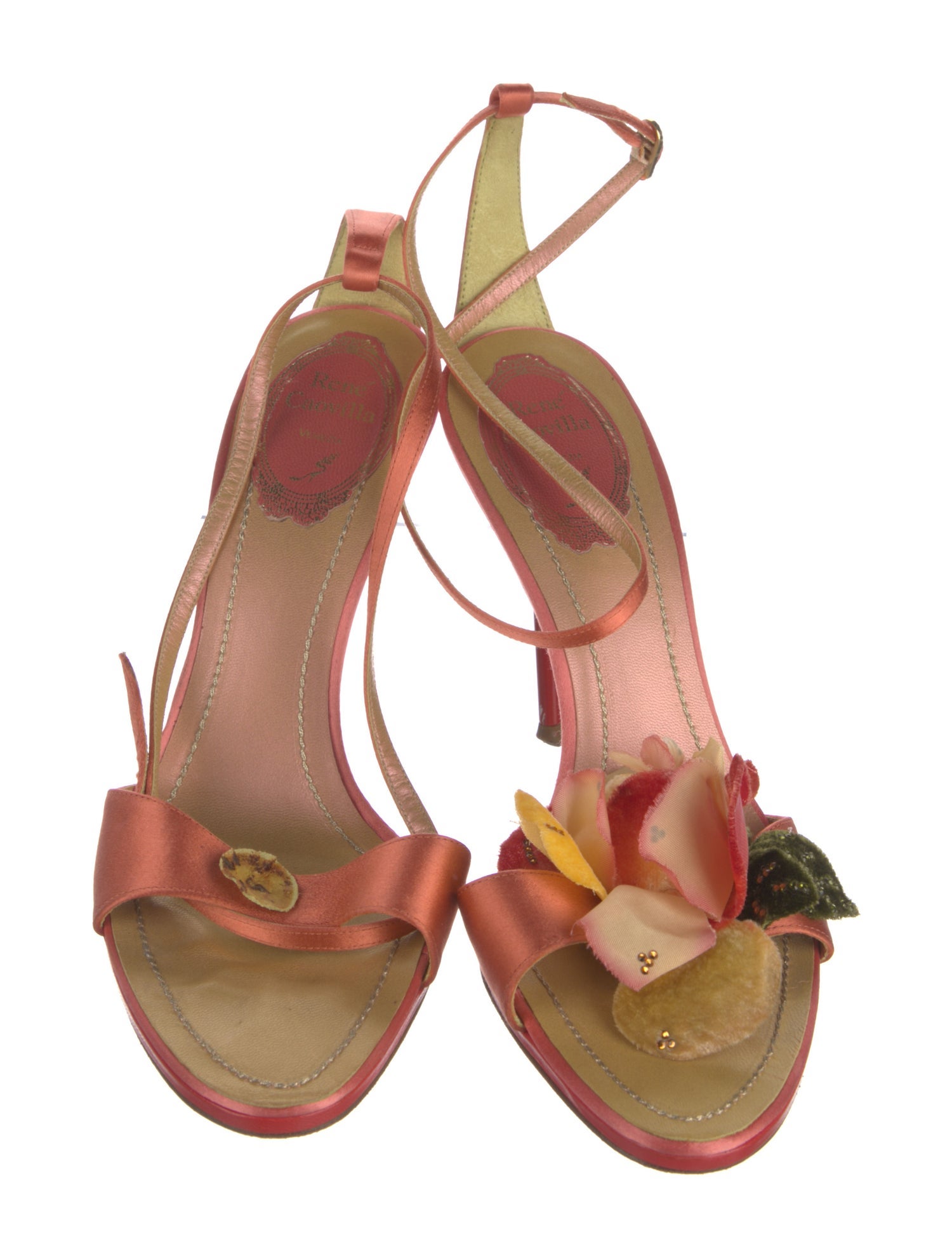 René Caovilla Satin Floral Print Slingback Sandals