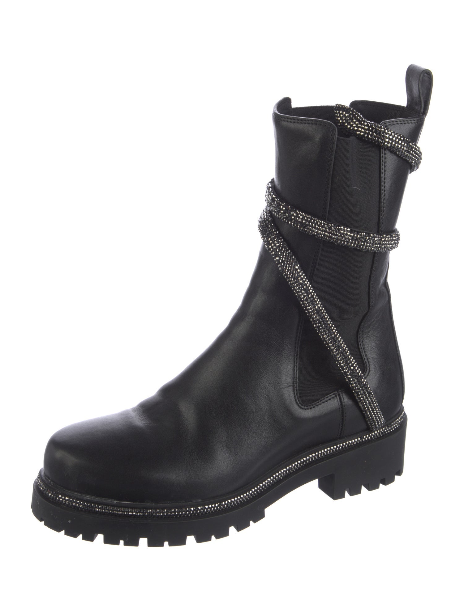 René Caovilla Leather Crystal Embellishments Moto Boots