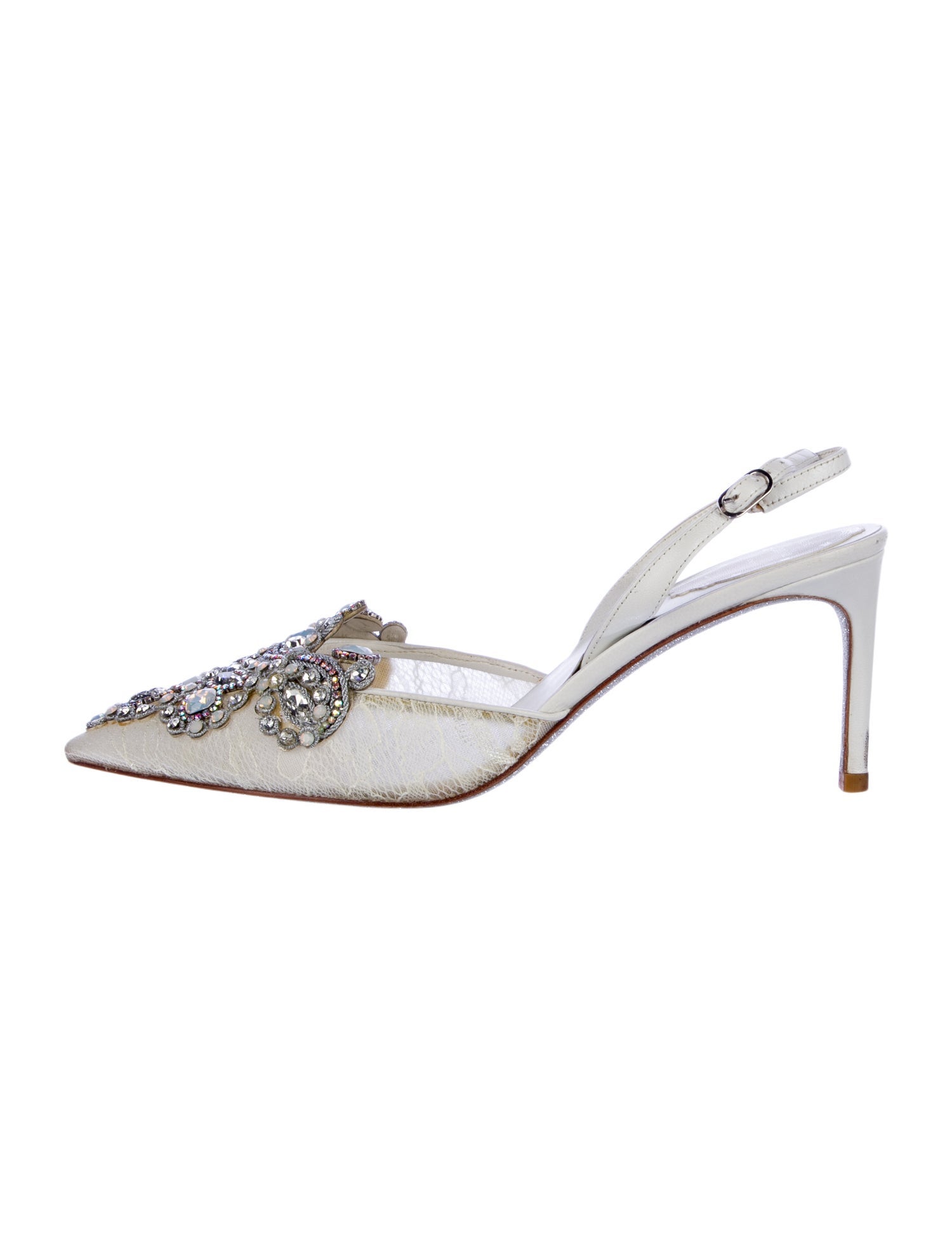 René Caovilla Lace Crystal Embellishments Slingback Pumps