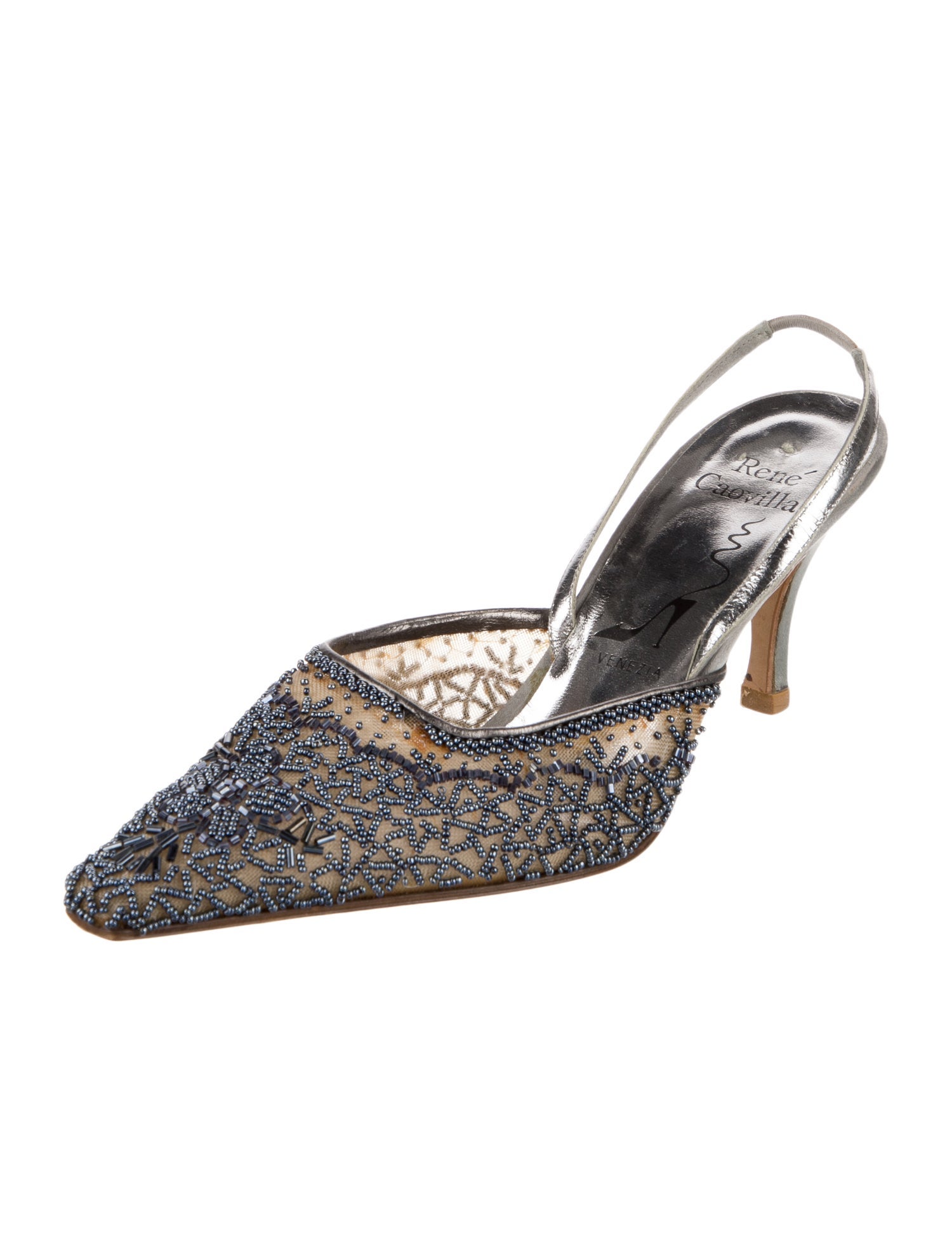 René Caovilla Leather Beaded Accents Slingback Pumps