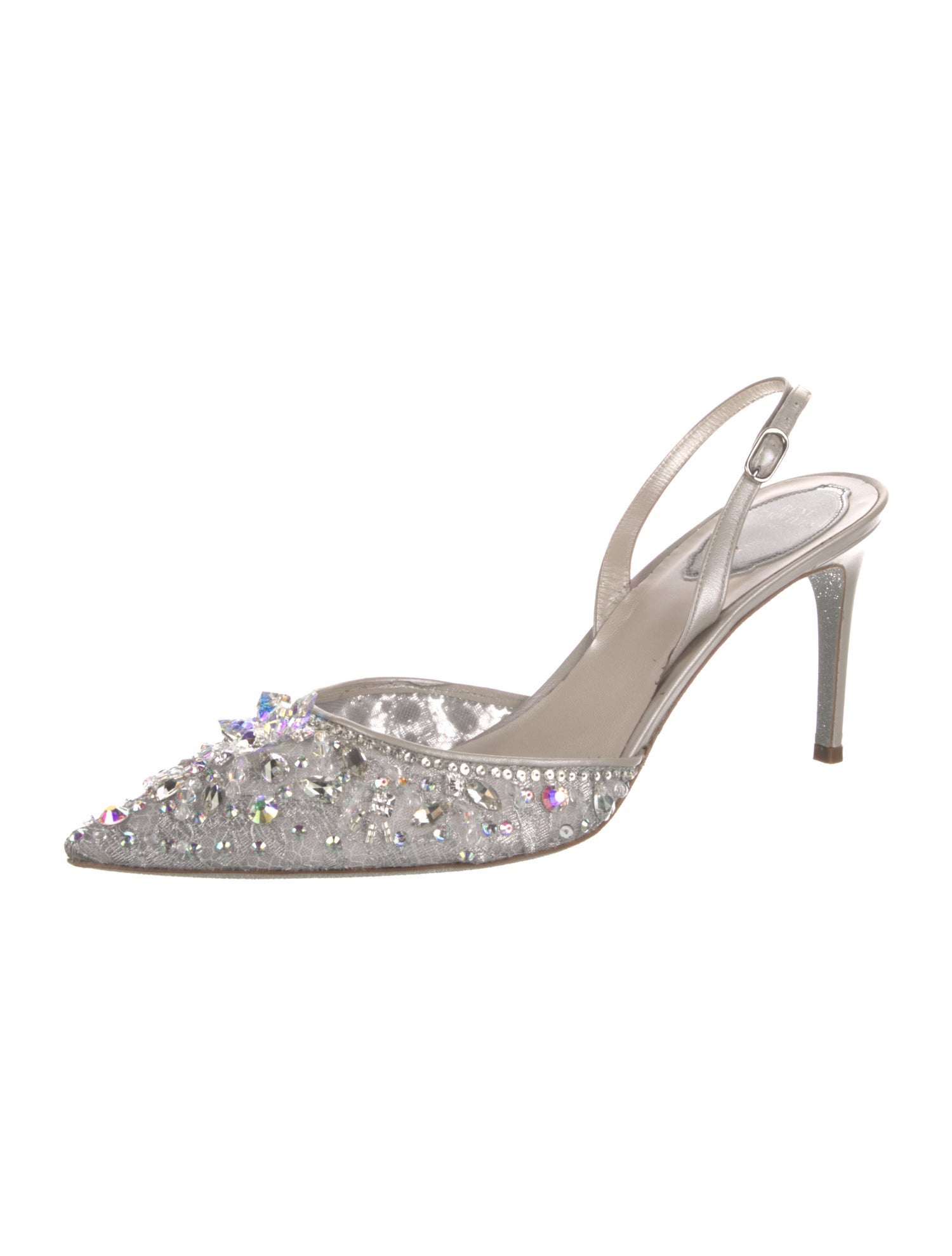 René Caovilla Lace Crystal Embellishments Slingback Pumps