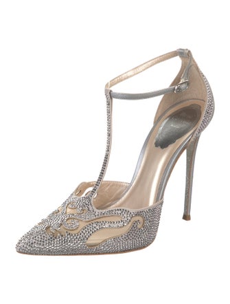 René Caovilla Leather Mesh Accents T-Strap Pumps