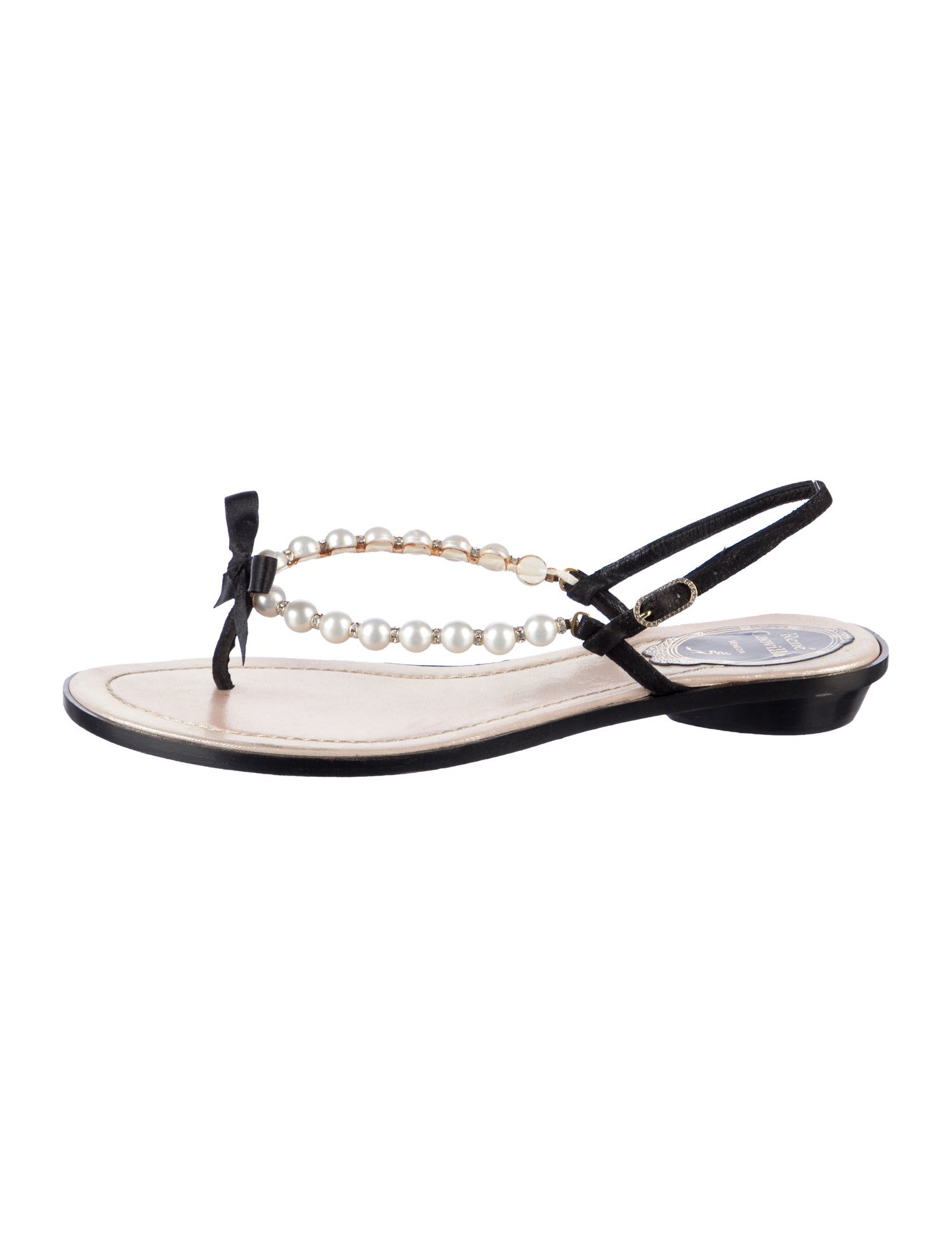 René Caovilla Faux Pearl Accents Leather Slingback Sandals