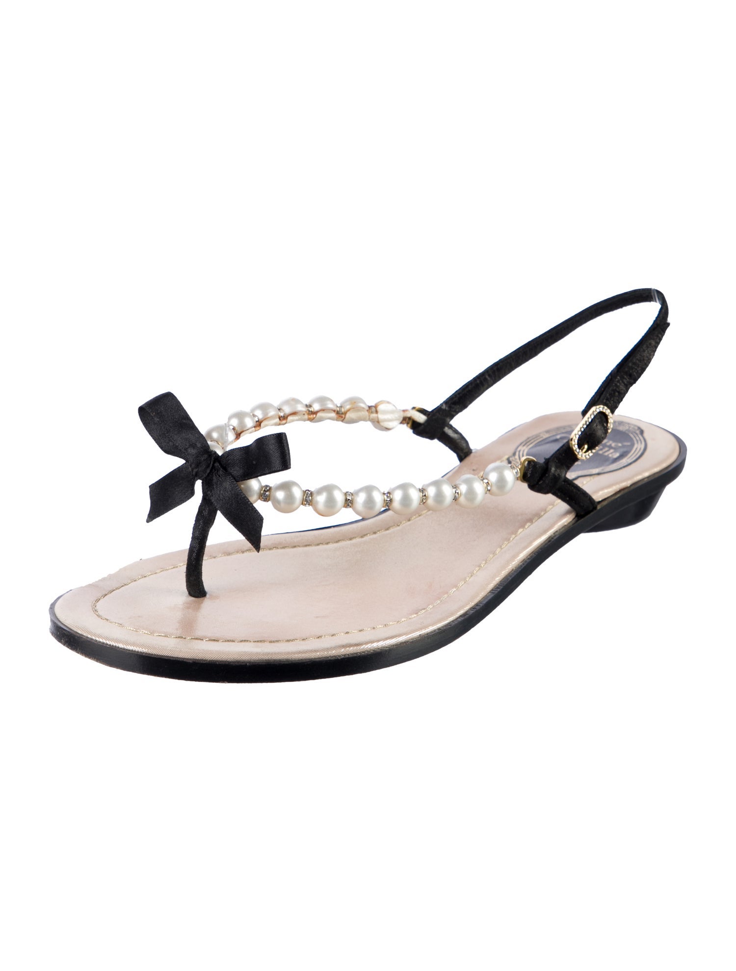 René Caovilla Faux Pearl Accents Leather Slingback Sandals