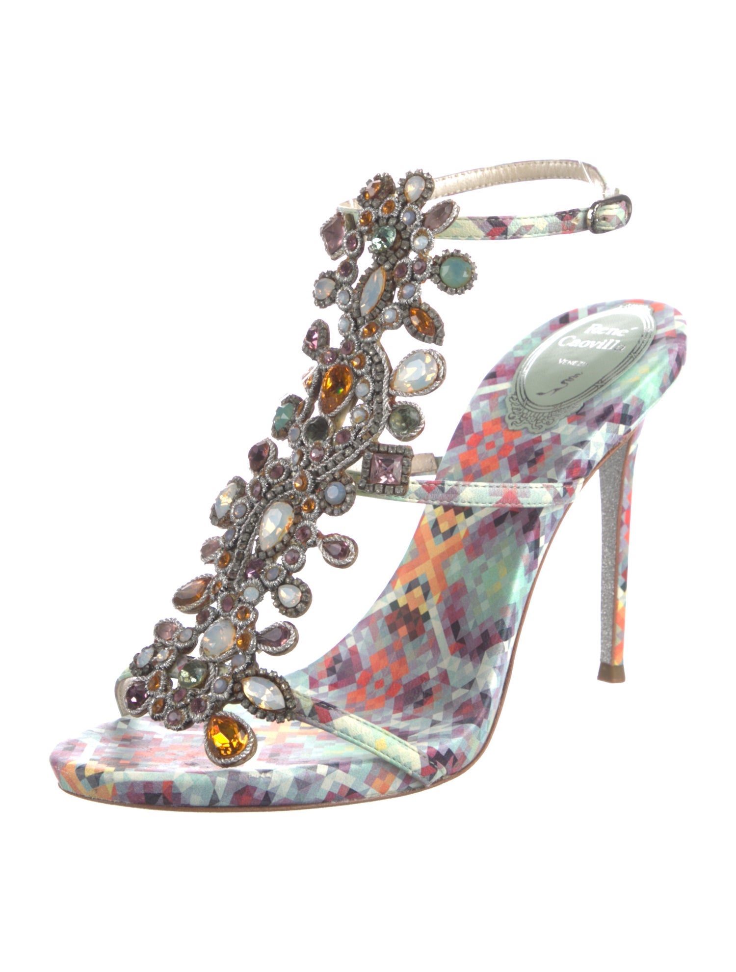 René Caovilla Leather Printed T-Strap Sandals
