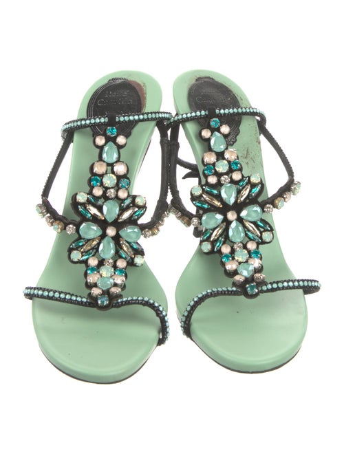 René Caovilla Leather Crystal Embellishments T-Strap Sandals