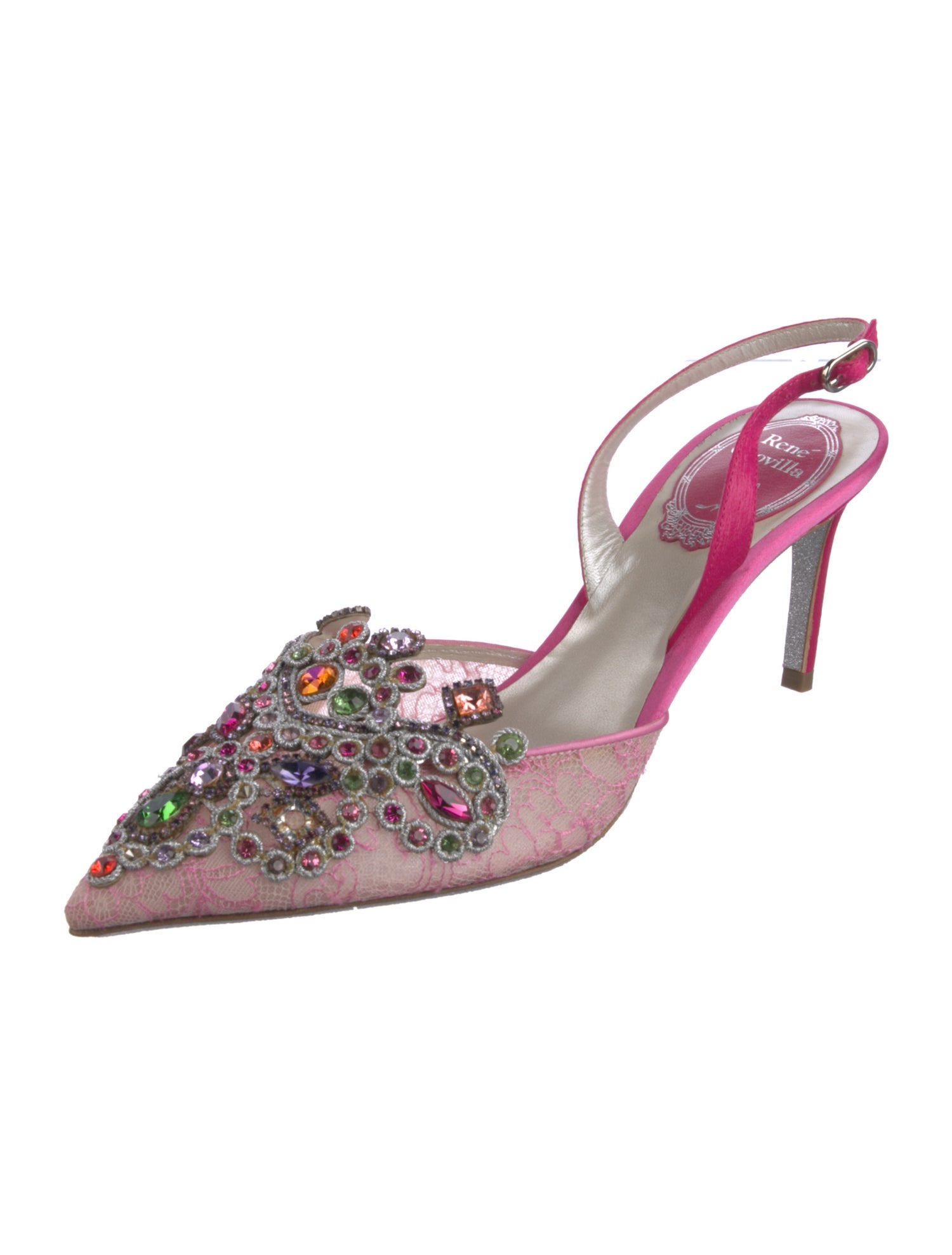 René Caovilla Lace Crystal Embellishments Slingback Pumps