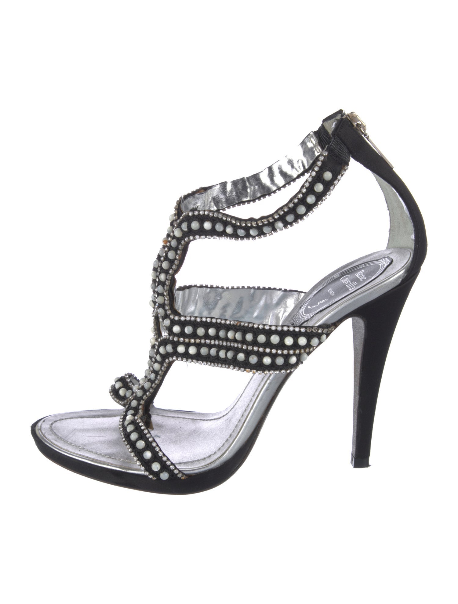 René Caovilla Satin Crystal Embellishments T-Strap Sandals