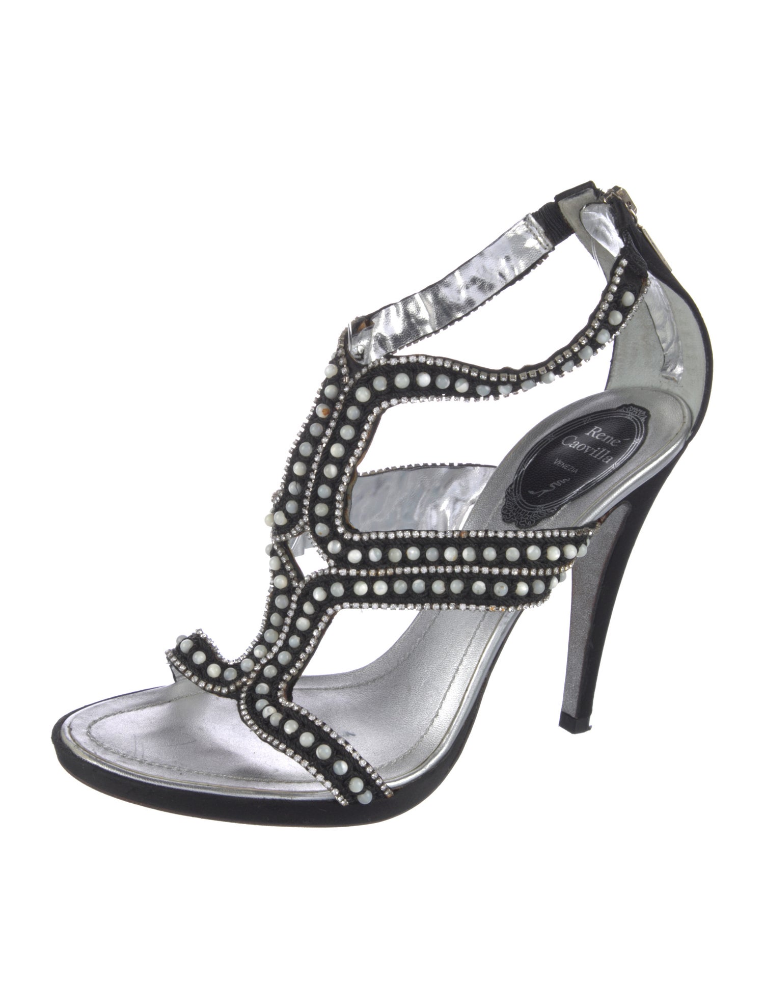 René Caovilla Satin Crystal Embellishments T-Strap Sandals