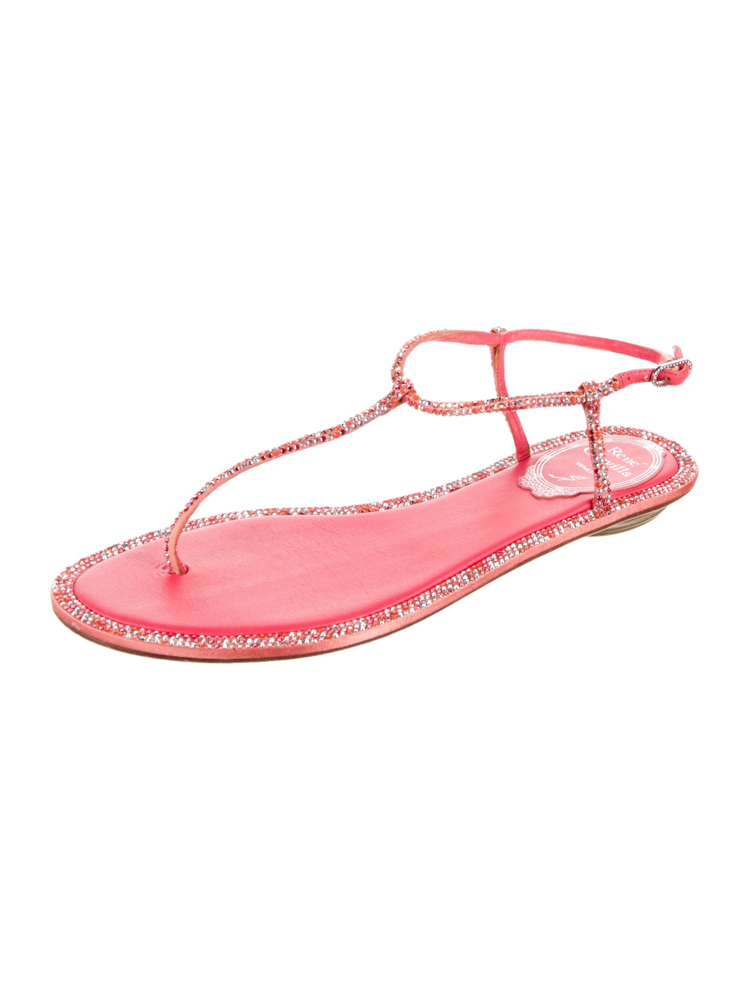 René Caovilla Leather Crystal Embellishments T-Strap Sandals