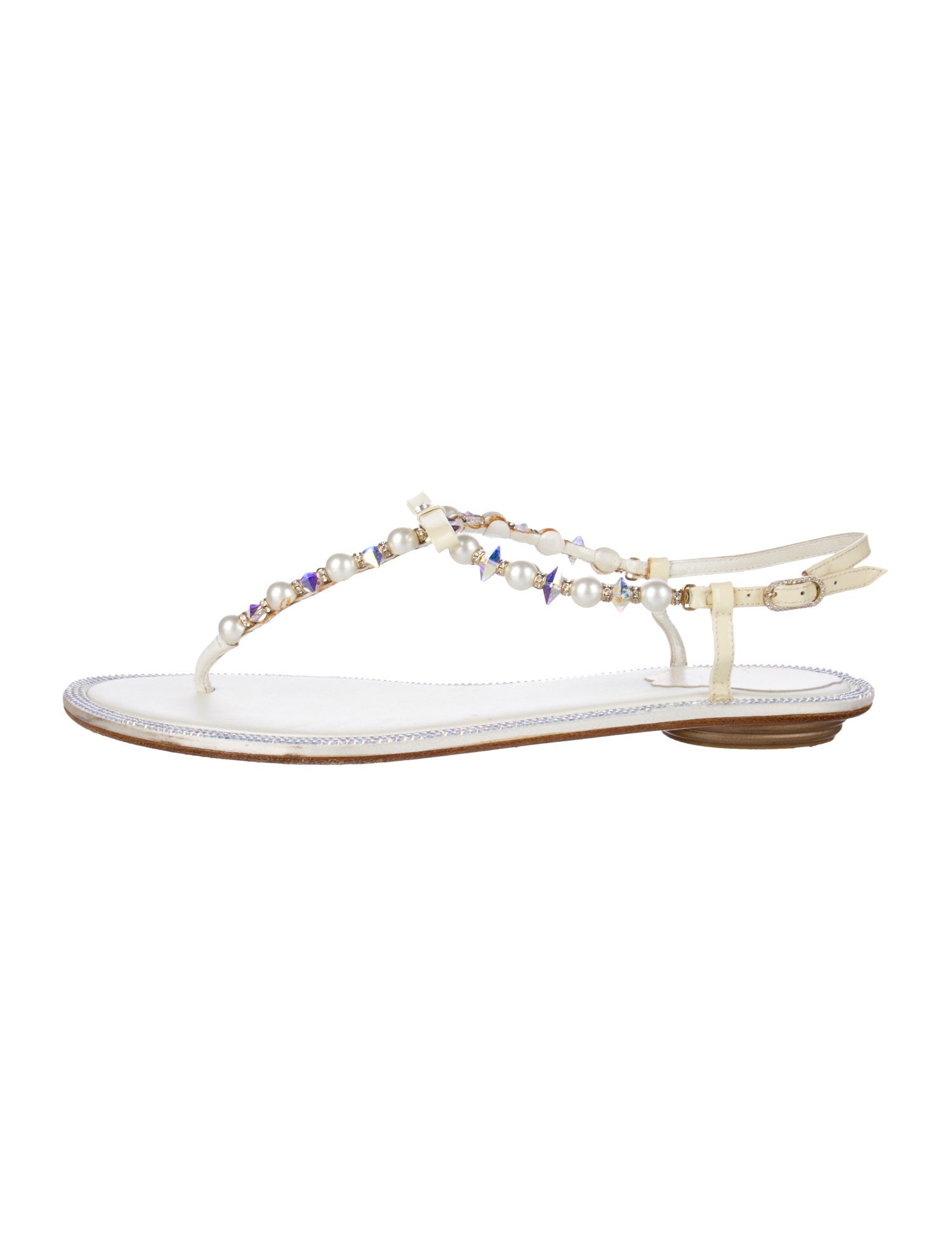 René Caovilla Faux Pearl Accents Leather T-Strap Sandals