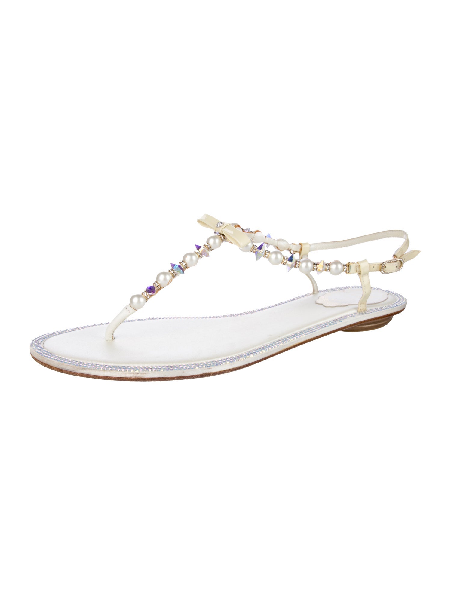 René Caovilla Faux Pearl Accents Leather T-Strap Sandals