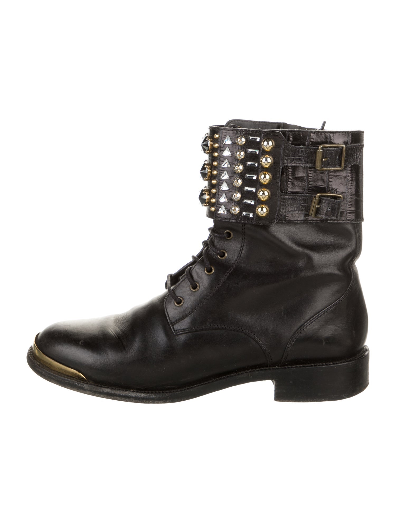 René Caovilla Leather Crystal Embellishments Combat Boots