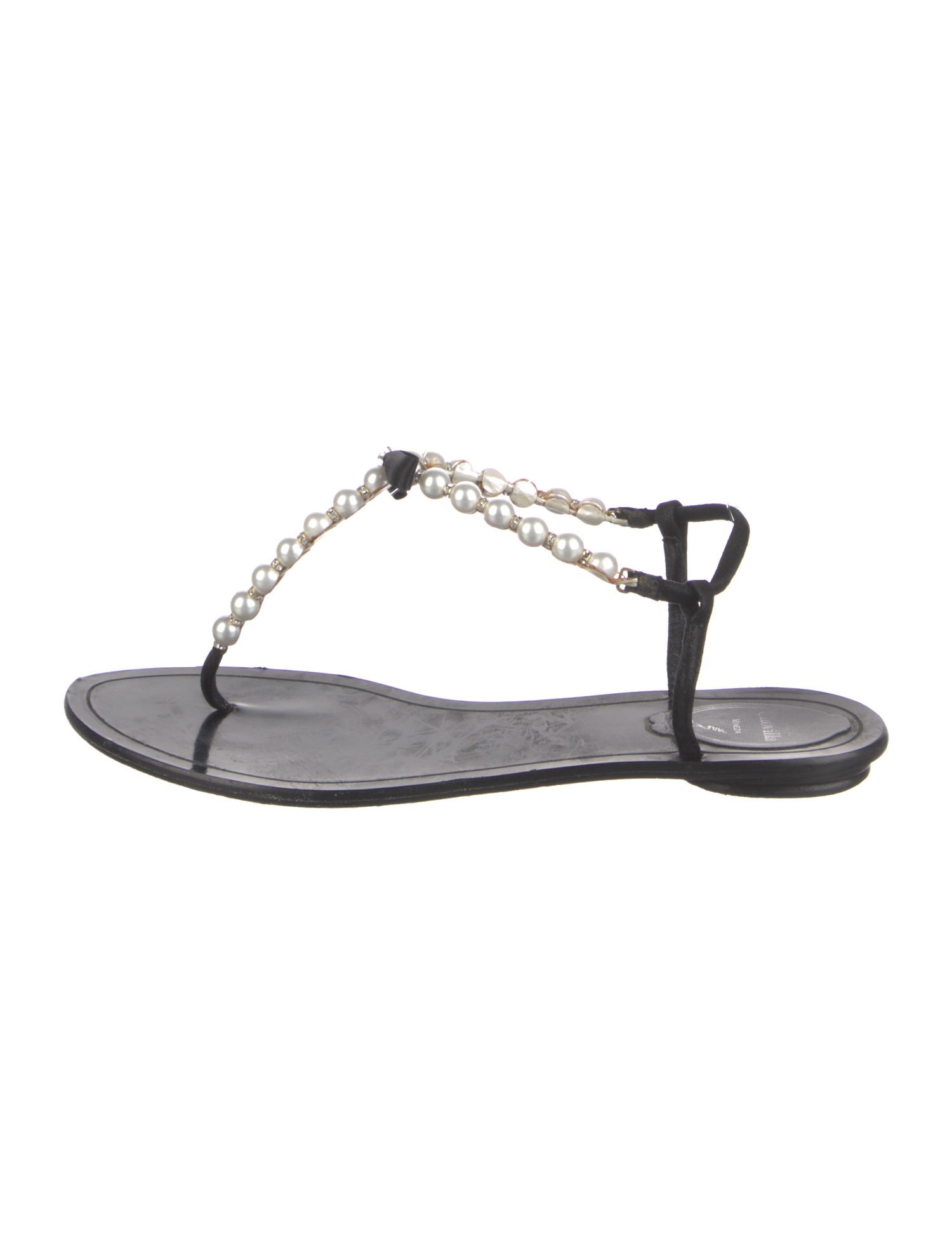 René Caovilla Faux Pearl Accents Leather T-Strap Sandals