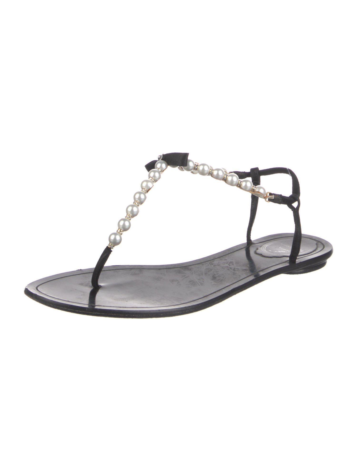 René Caovilla Faux Pearl Accents Leather T-Strap Sandals