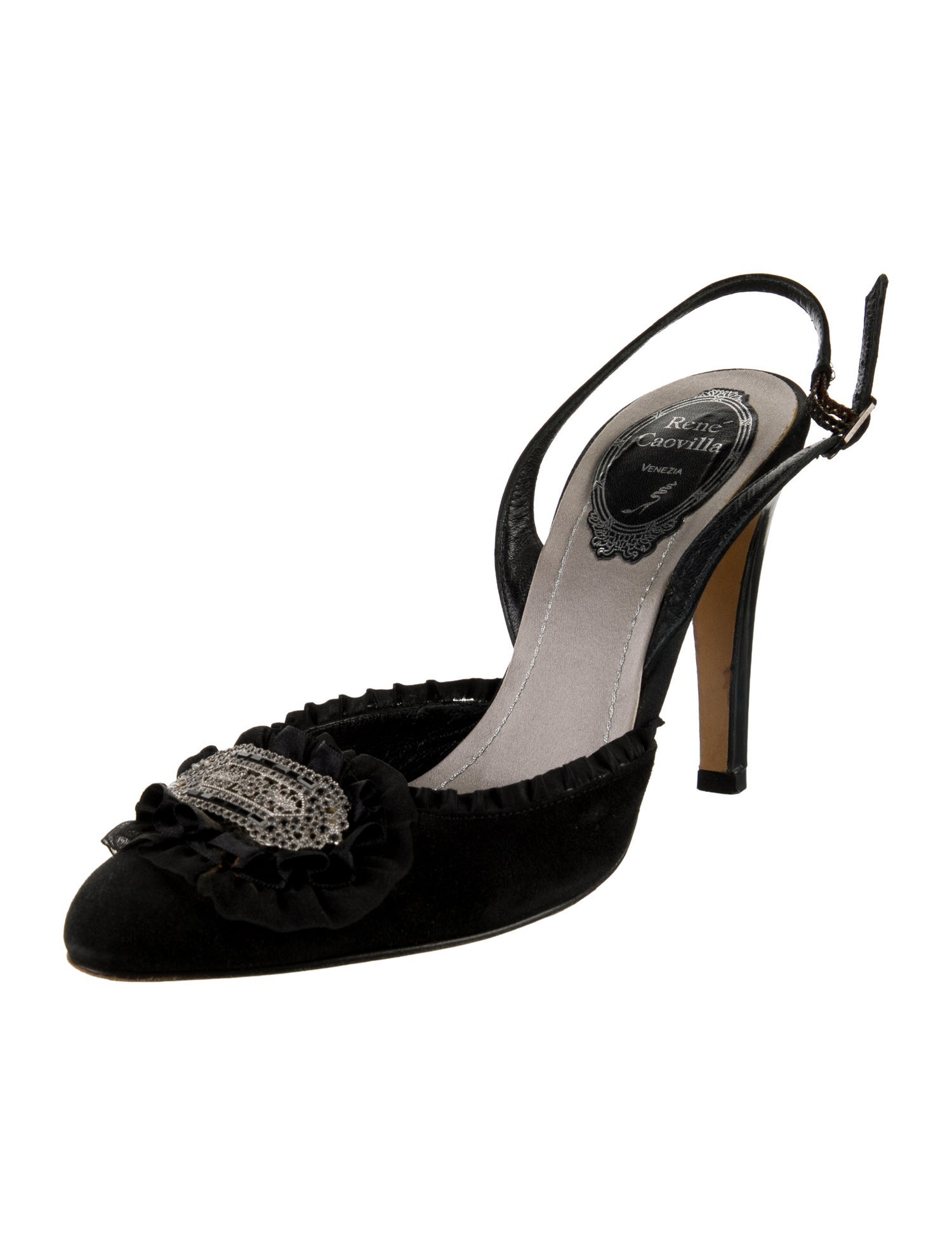 René Caovilla Satin Crystal Embellishments Slingback Pumps