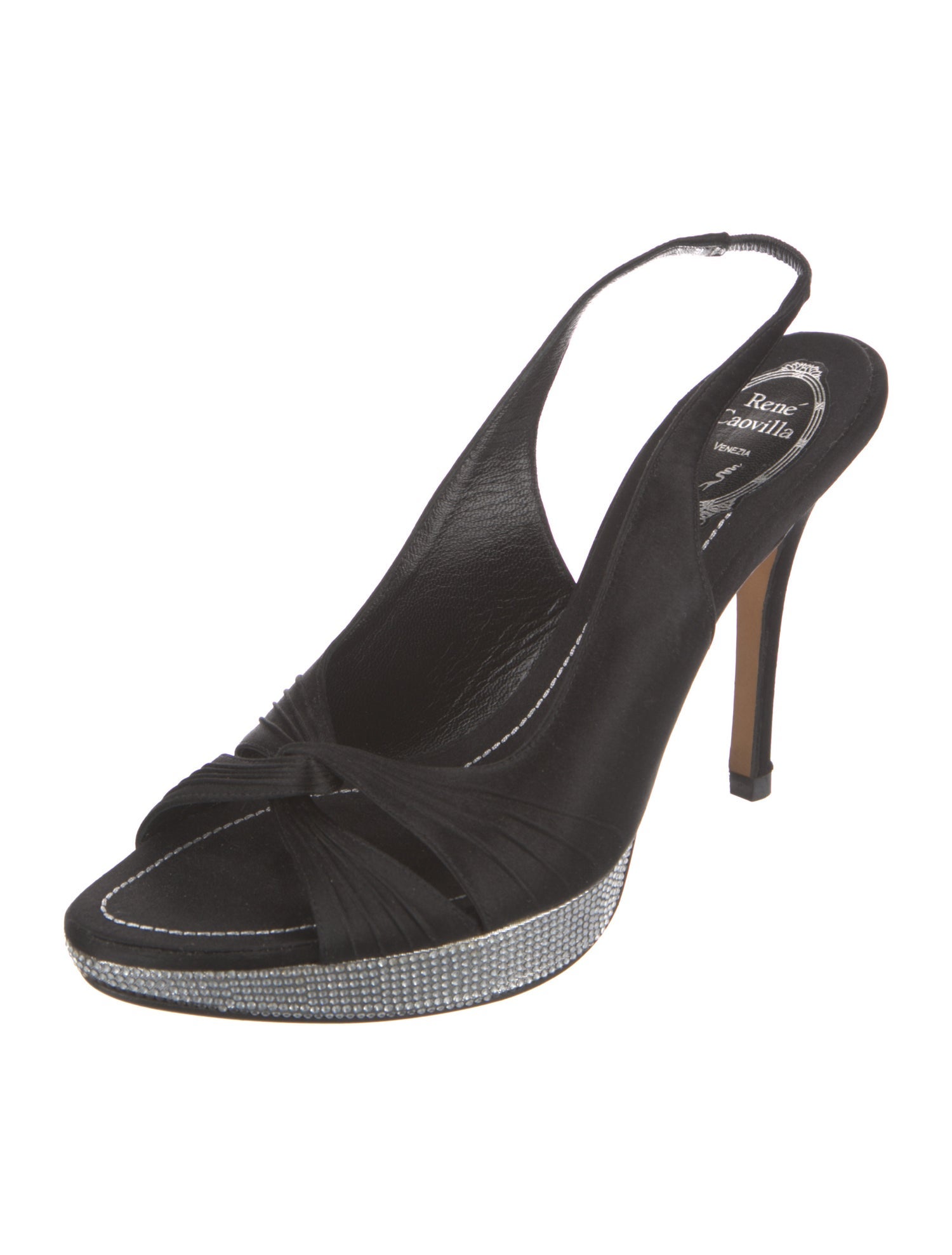 René Caovilla Satin Crystal Embellishments Slingback Sandals