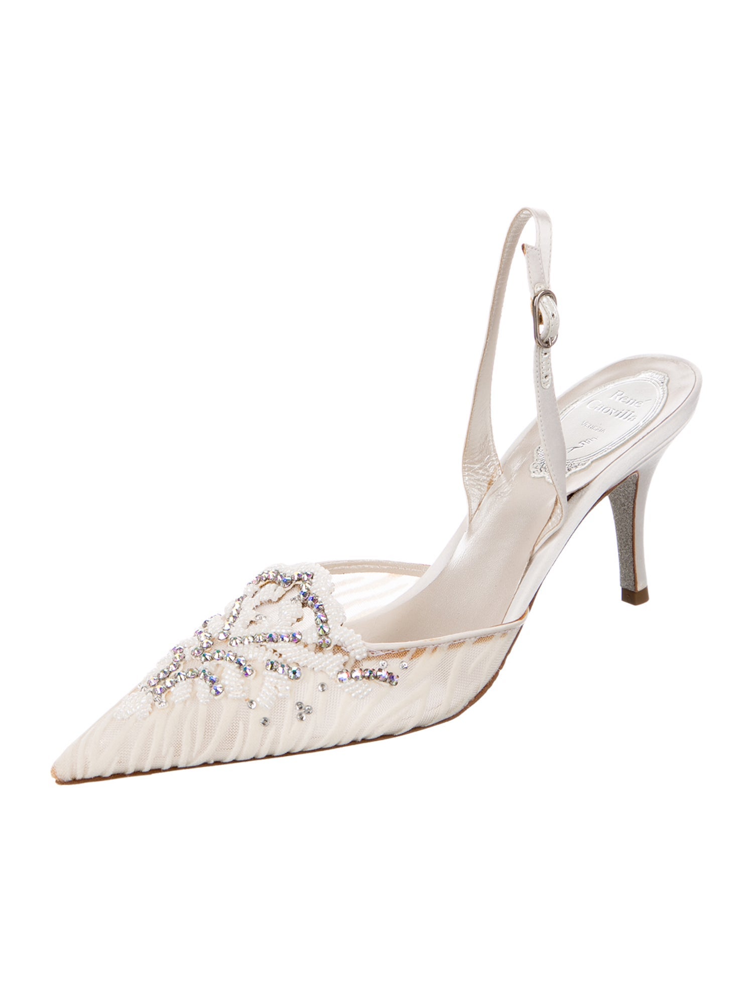 René Caovilla Satin Glitter Accents Slingback Pumps
