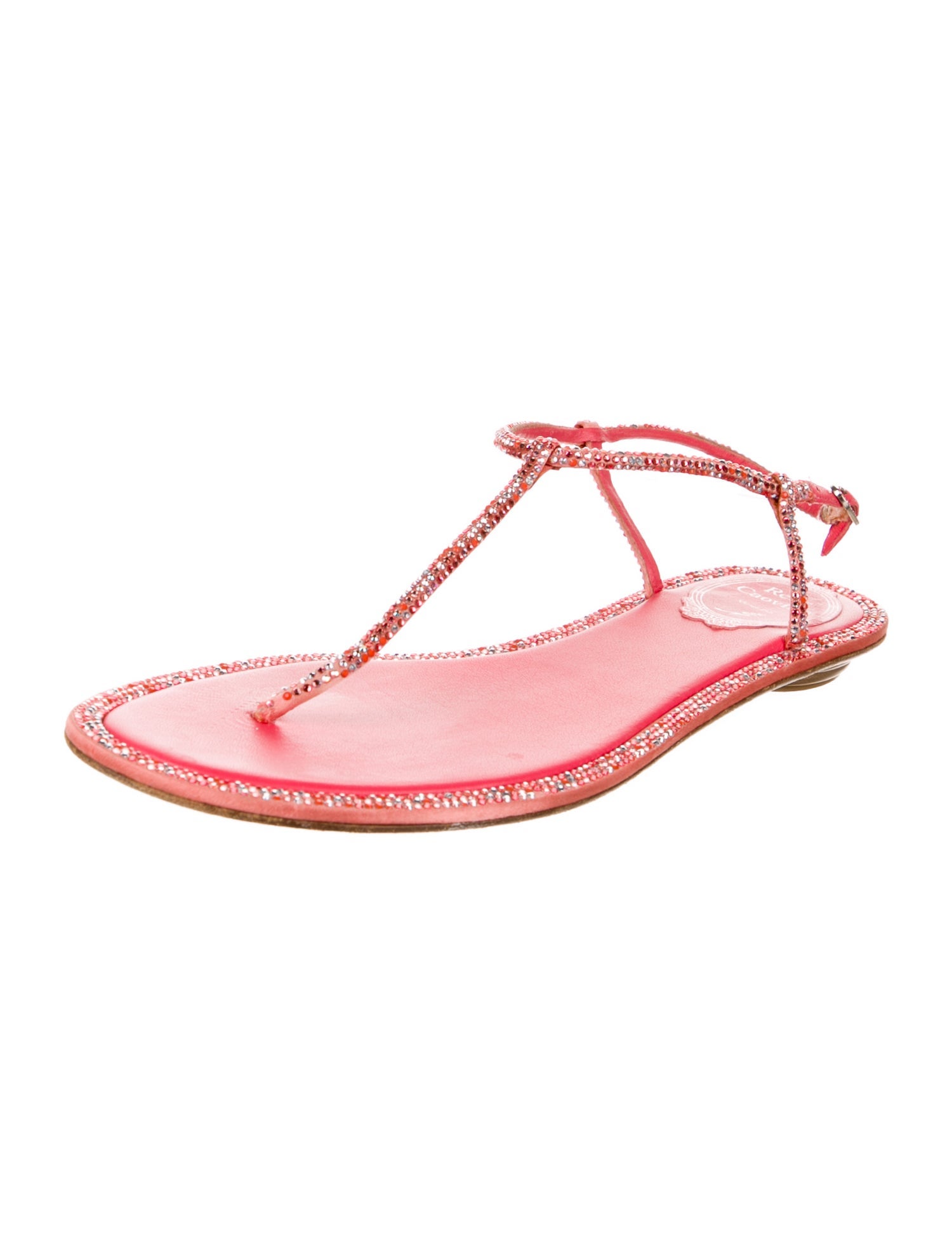 René Caovilla Leather Crystal Embellishments T-Strap Sandals