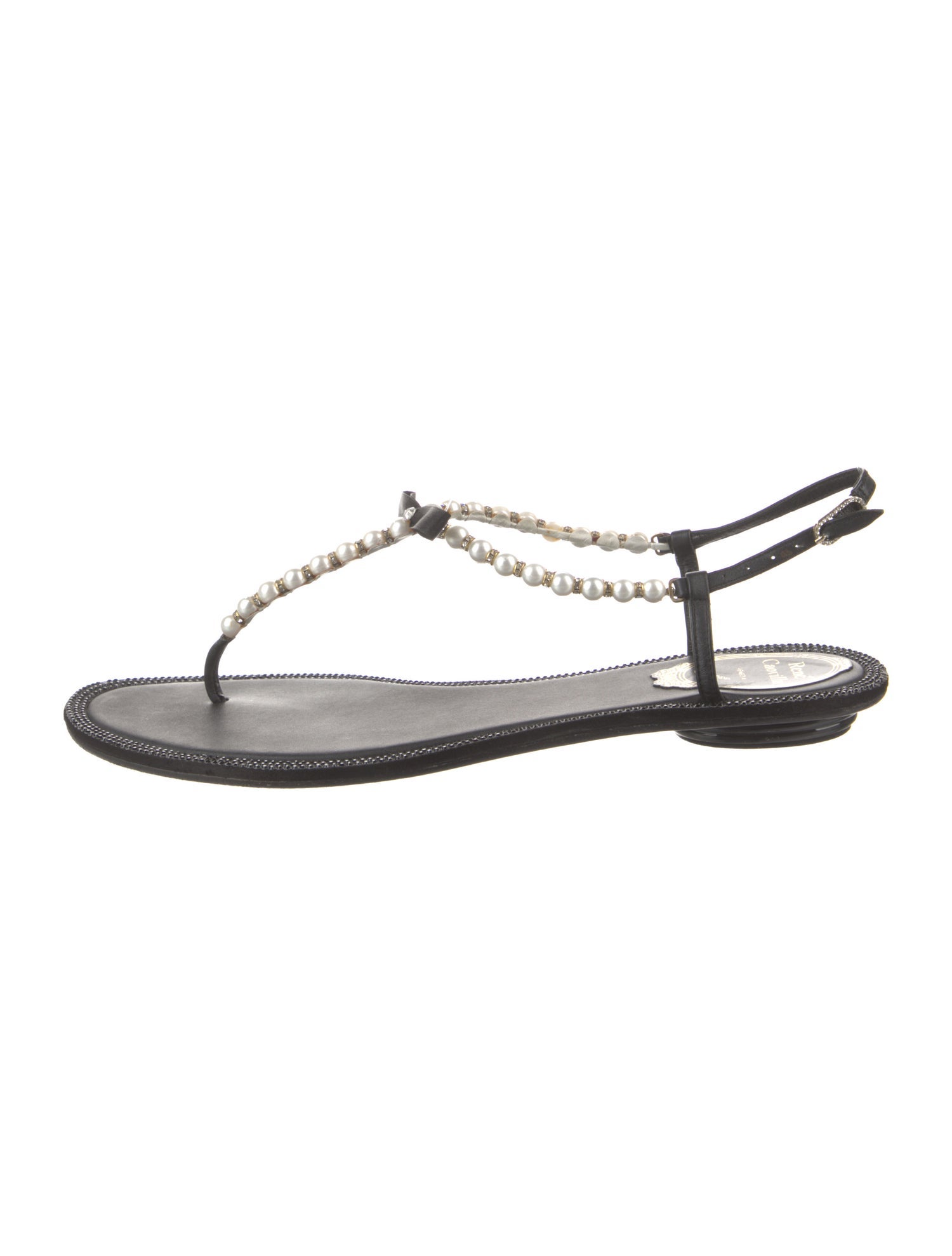 René Caovilla Leather Crystal Embellishments T-Strap Sandals