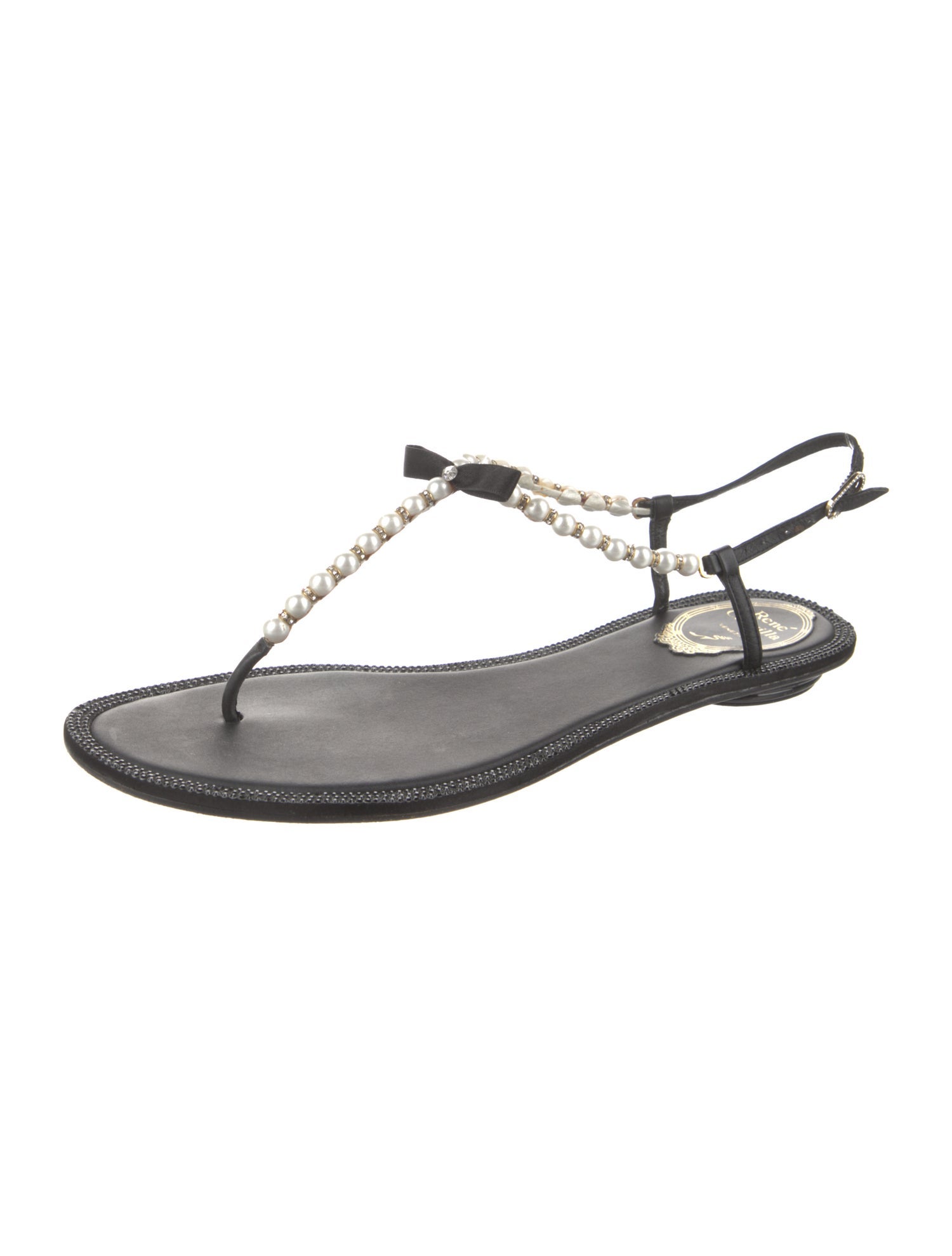 René Caovilla Leather Crystal Embellishments T-Strap Sandals