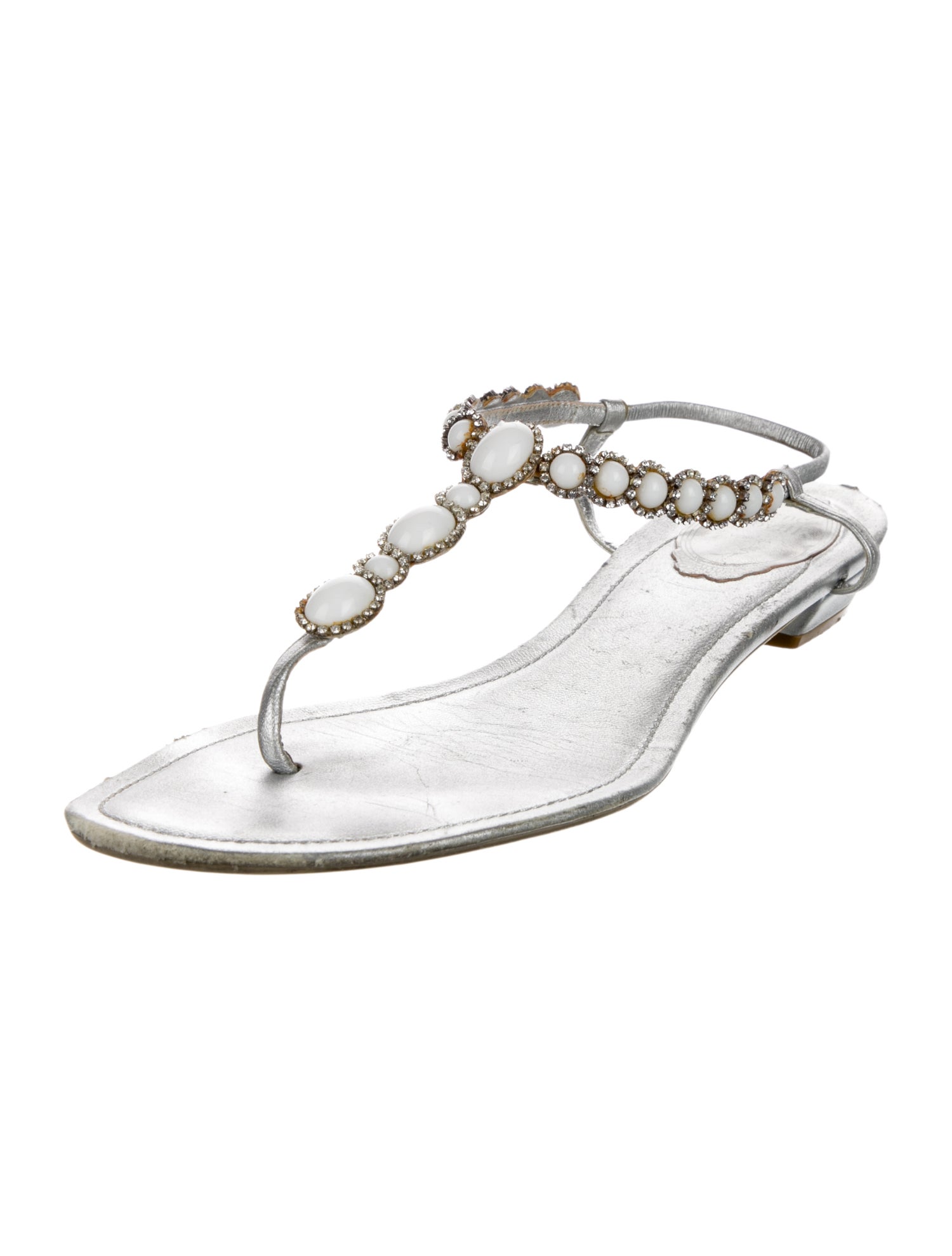 René Caovilla Leather Animal Print T-Strap Sandals