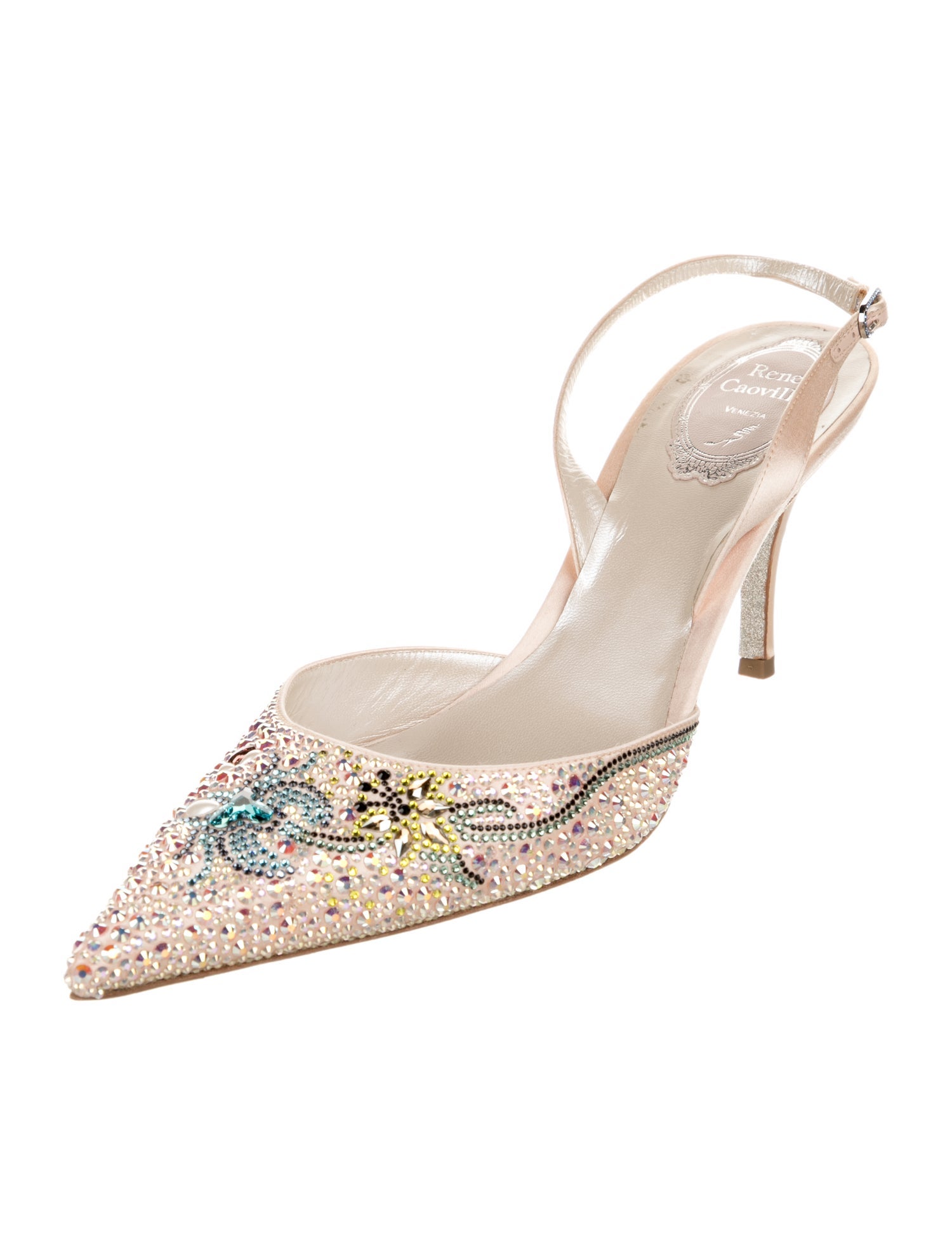 René Caovilla Satin Patterned Slingback Pumps